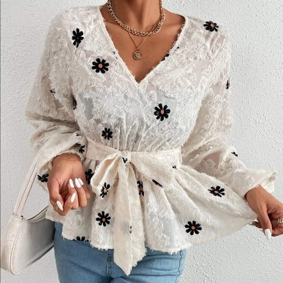 Cream black fuzzy floral design belted peplum blouse - Picture 3 of 5